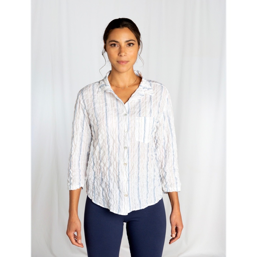 Cut Loose Womens XS Blue Tan Striped Crinkle Cotton Linen Button‎ Down Shirt USA